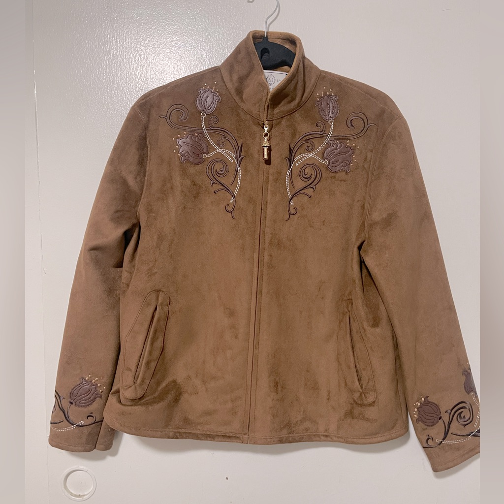 St. John Sport Marie Gray Jacket Wester Brown Faux Suede Floral